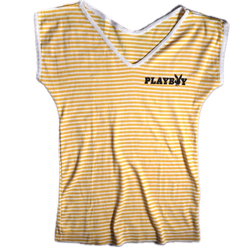 Vintage Y2K yellow striped Playboy V-Neck Tee - Size XS/S